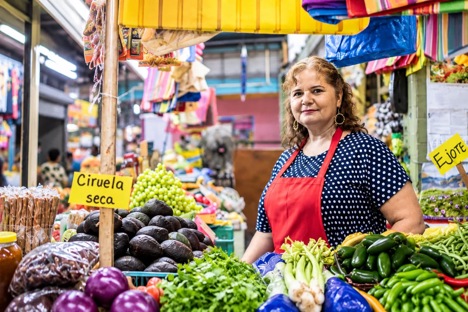 Vendedora atendiendo su puesto en un mercado mexicano